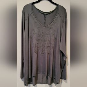 Cable & Gauge Olive Green Embroidered Floral Silky V-Neck Tunic